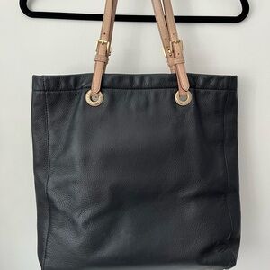 Michael Kors Black Leather Tote with Tan Shoulder Straps